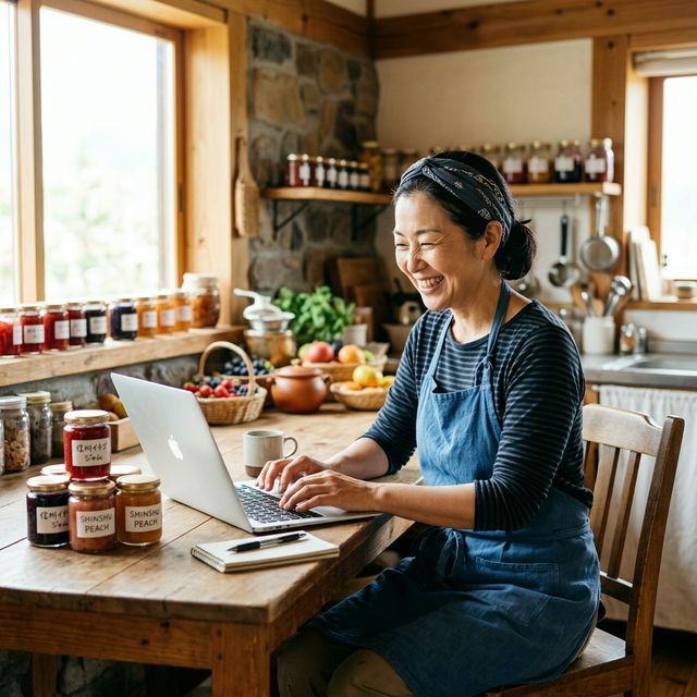 ジャム作りをする日本の農家がECアプリを利用している様子