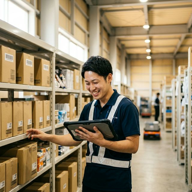 倉庫でタブレットを使うスタッフ